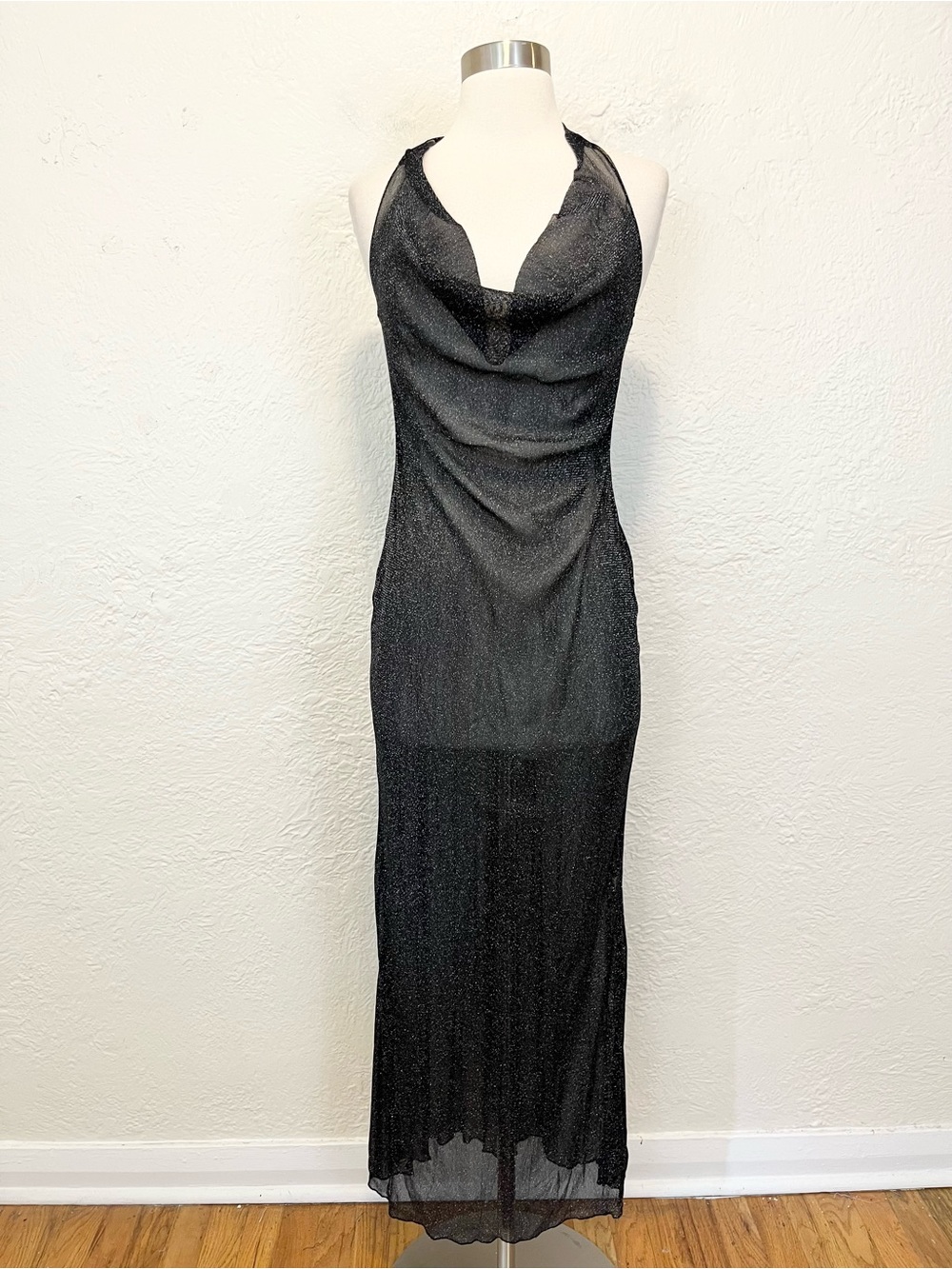 Sheer Mesh Maxi Dress Black Metallic Goth Gothic Medium M